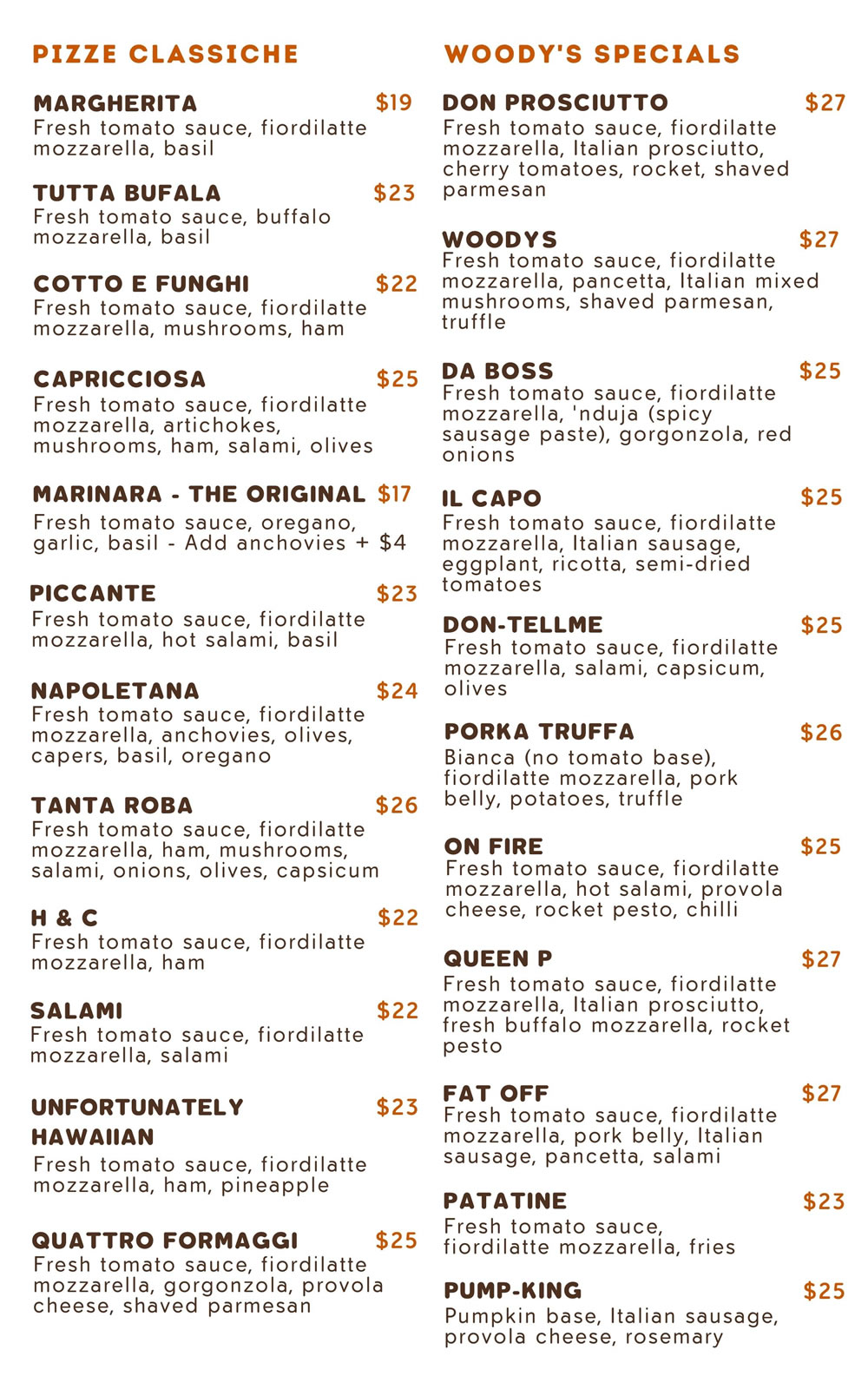 Menu Woody's Pizza & Co