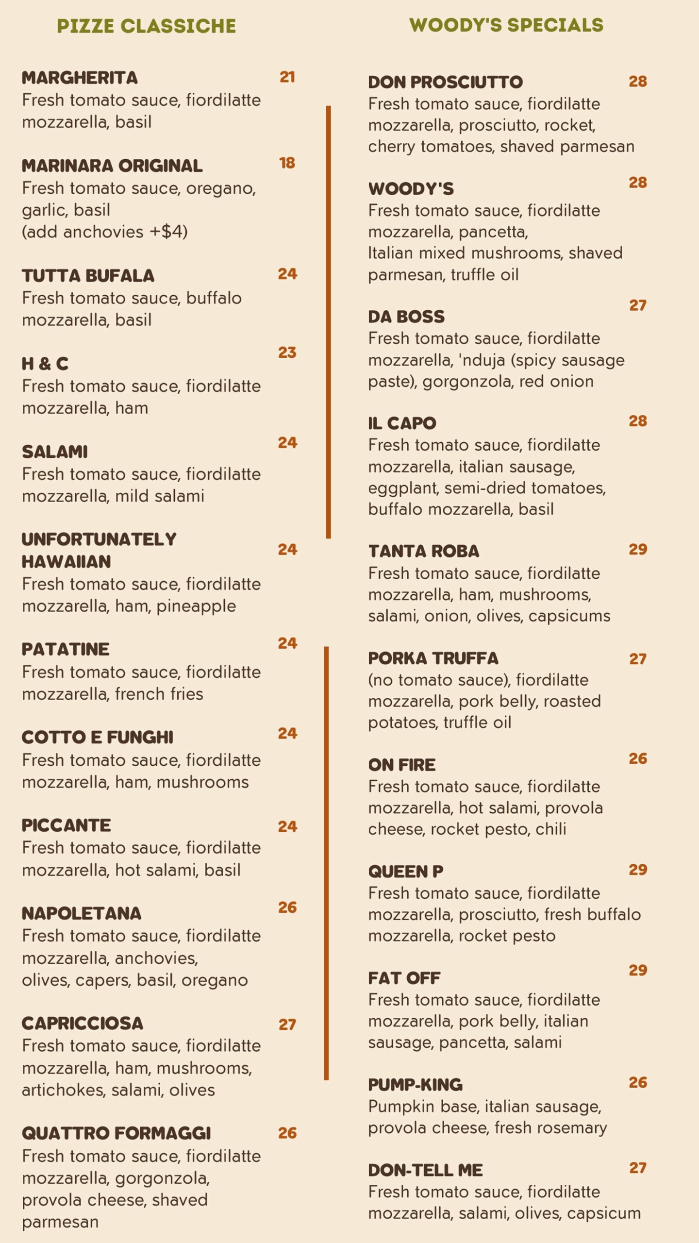 Menu Woody's Pizza & Co